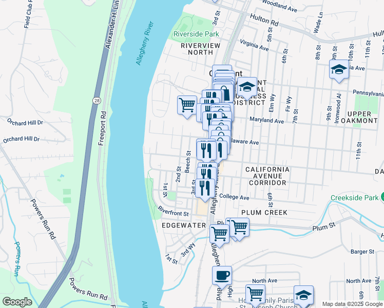 map of restaurants, bars, coffee shops, grocery stores, and more near 225 Washington Avenue in Oakmont