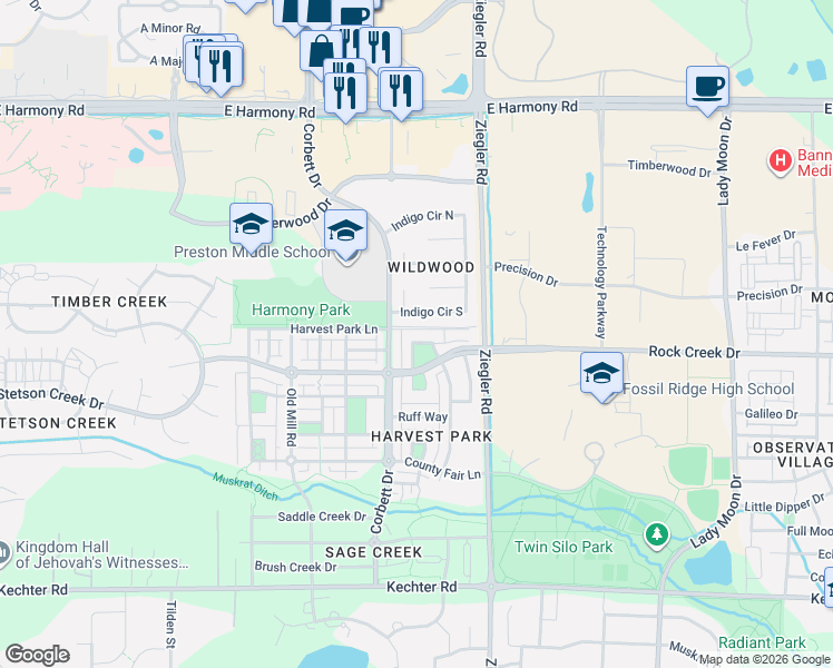 map of restaurants, bars, coffee shops, grocery stores, and more near 2962 Cornerstone Lane in Fort Collins