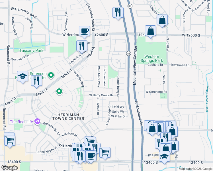 map of restaurants, bars, coffee shops, grocery stores, and more near 12932 Tortoise Lane in Riverton