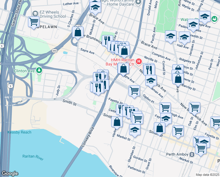 map of restaurants, bars, coffee shops, grocery stores, and more near 365 Convery Boulevard in Perth Amboy