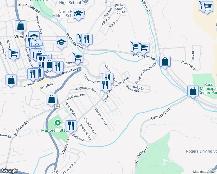 map of restaurants, bars, coffee shops, grocery stores, and more near 348 Center Avenue in West View