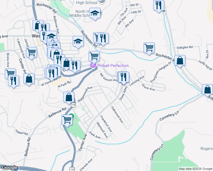 map of restaurants, bars, coffee shops, grocery stores, and more near 246 Ridgewood Avenue in Pittsburgh