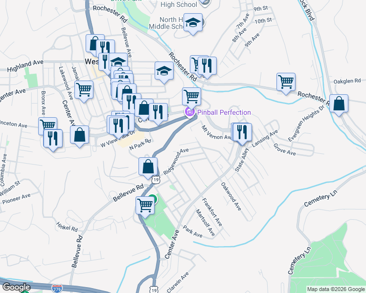 map of restaurants, bars, coffee shops, grocery stores, and more near 310 Ridgewood Avenue in Pittsburgh