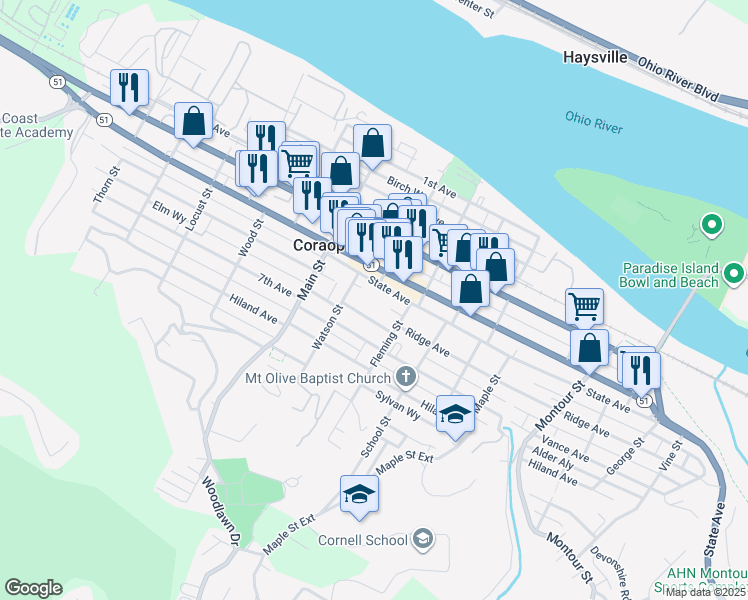 map of restaurants, bars, coffee shops, grocery stores, and more near 1034 State Avenue in Coraopolis
