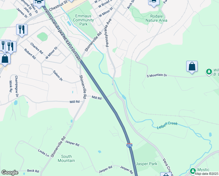 map of restaurants, bars, coffee shops, grocery stores, and more near 4031 Mill Road in Emmaus