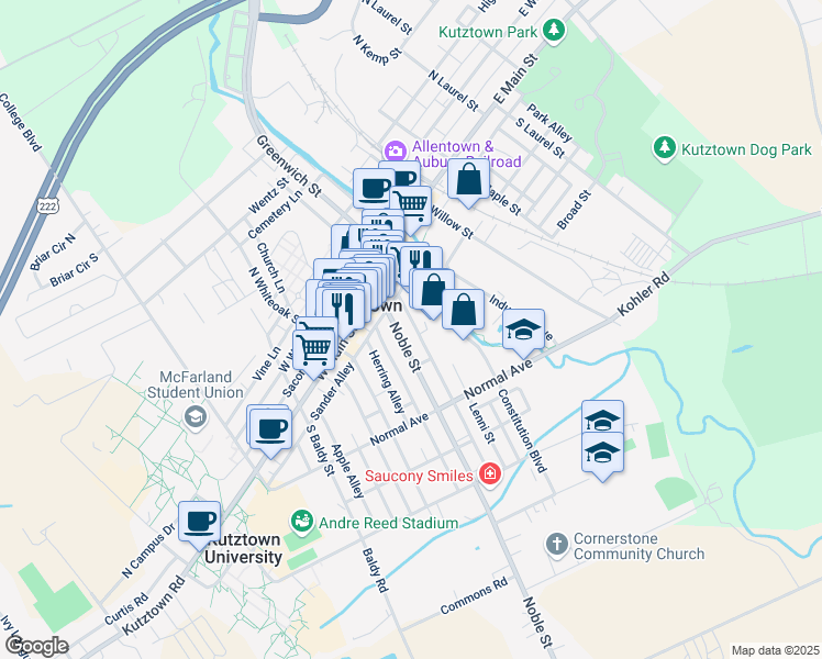 map of restaurants, bars, coffee shops, grocery stores, and more near 56 Bieber Alley in Kutztown