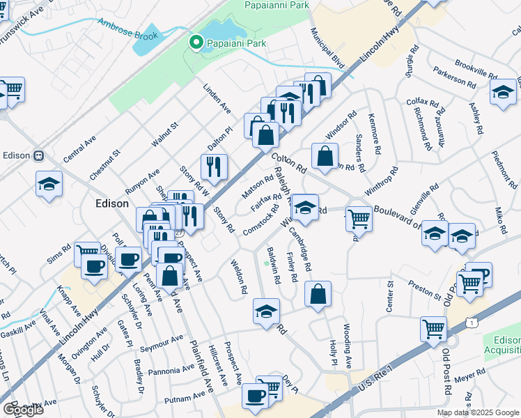 map of restaurants, bars, coffee shops, grocery stores, and more near 18 Fairfax Road in Edison