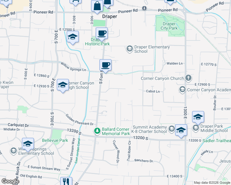 map of restaurants, bars, coffee shops, grocery stores, and more near 990 New Hope Drive in Draper