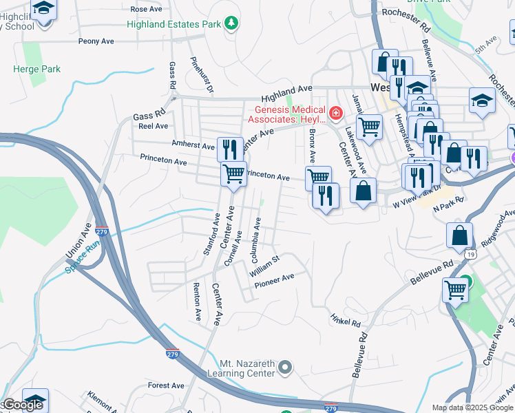 map of restaurants, bars, coffee shops, grocery stores, and more near 252 Columbia Avenue in West View