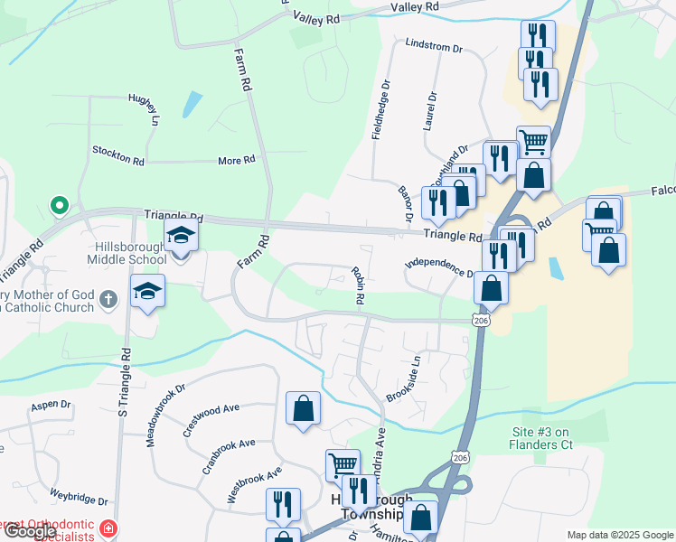 map of restaurants, bars, coffee shops, grocery stores, and more near 855 Robin Road in Somerset County