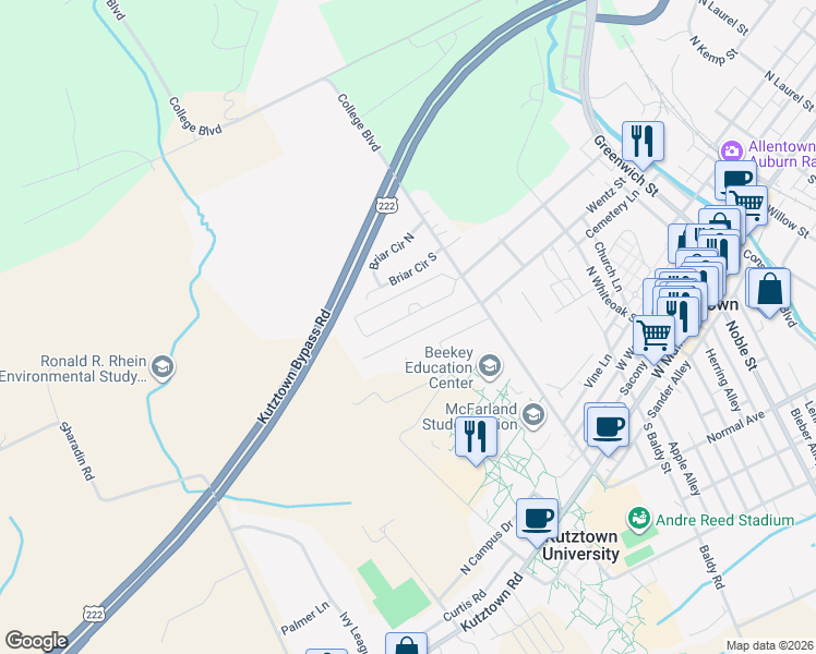 map of restaurants, bars, coffee shops, grocery stores, and more near 609 College Garden Drive in Kutztown