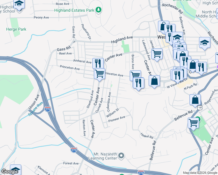 map of restaurants, bars, coffee shops, grocery stores, and more near 252 Columbia Avenue in West View