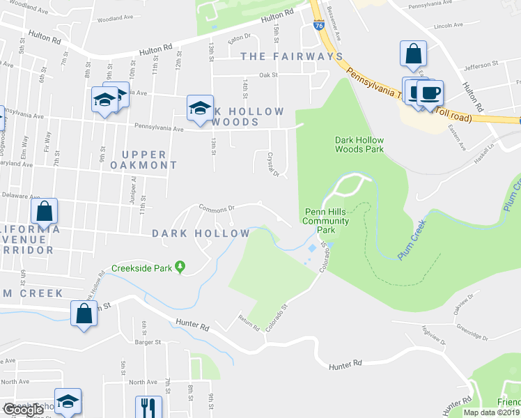 map of restaurants, bars, coffee shops, grocery stores, and more near 234 Commons Drive in Oakmont