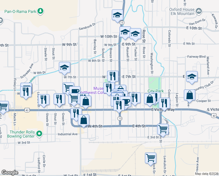 map of restaurants, bars, coffee shops, grocery stores, and more near 625 Breeze Street in Craig