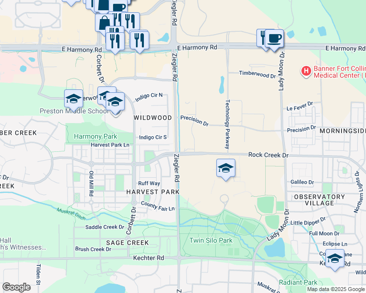 map of restaurants, bars, coffee shops, grocery stores, and more near 3150 Rock Creek Drive in Fort Collins