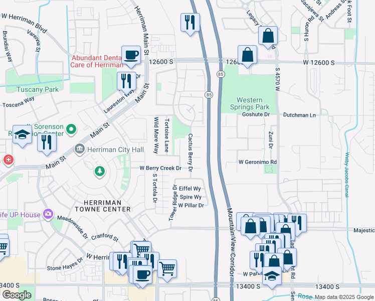 map of restaurants, bars, coffee shops, grocery stores, and more near 12927 South Grindstone Circle in Riverton