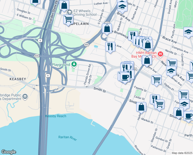map of restaurants, bars, coffee shops, grocery stores, and more near 37 Glenn Drive in Woodbridge Township