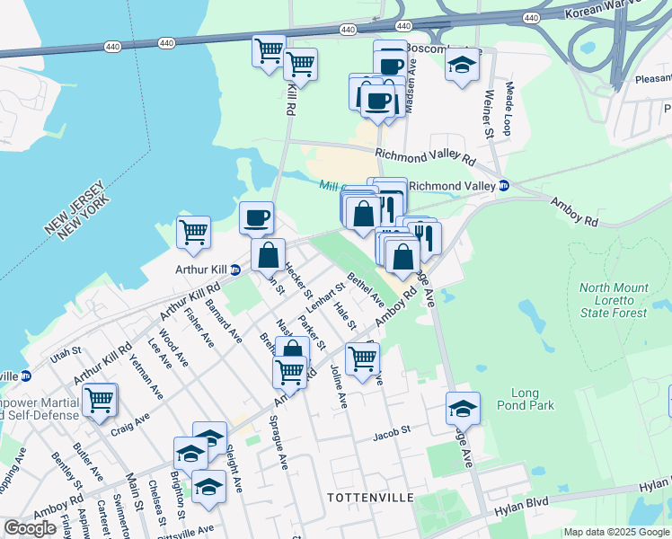 map of restaurants, bars, coffee shops, grocery stores, and more near 270 Bethel Avenue in Staten Island