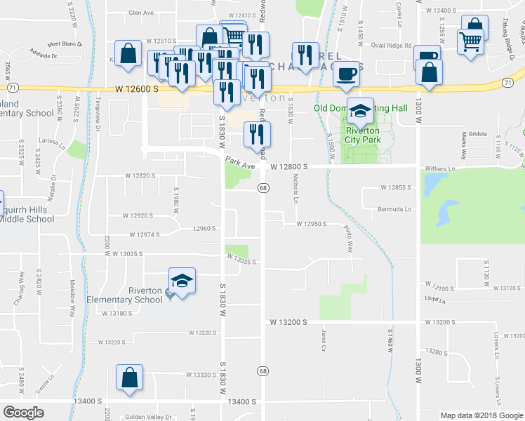 map of restaurants, bars, coffee shops, grocery stores, and more near 12908 South Redwood Road in Riverton