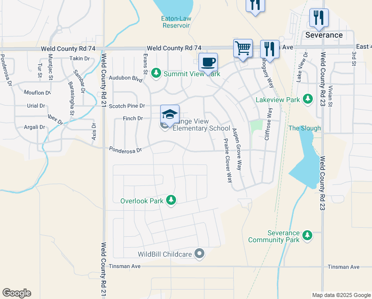 map of restaurants, bars, coffee shops, grocery stores, and more near 431 Ptarmigan Street in Severance