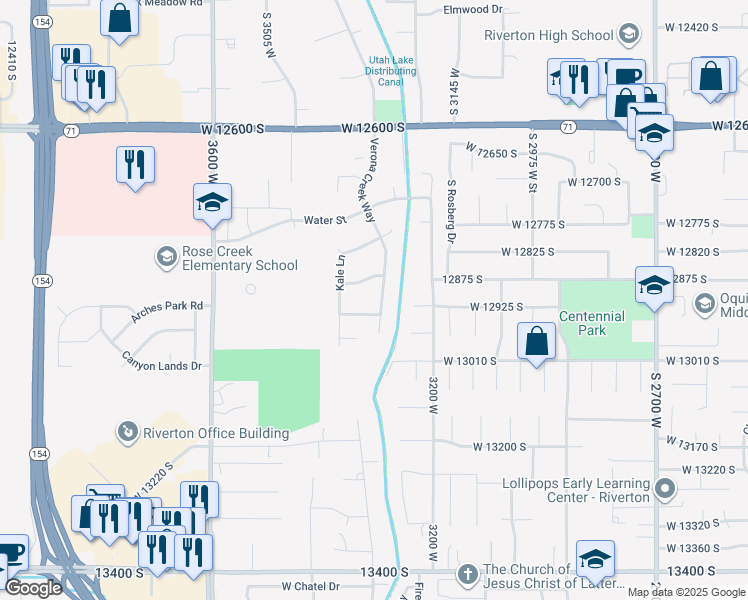 map of restaurants, bars, coffee shops, grocery stores, and more near 12906 Verona Creek Way in Riverton