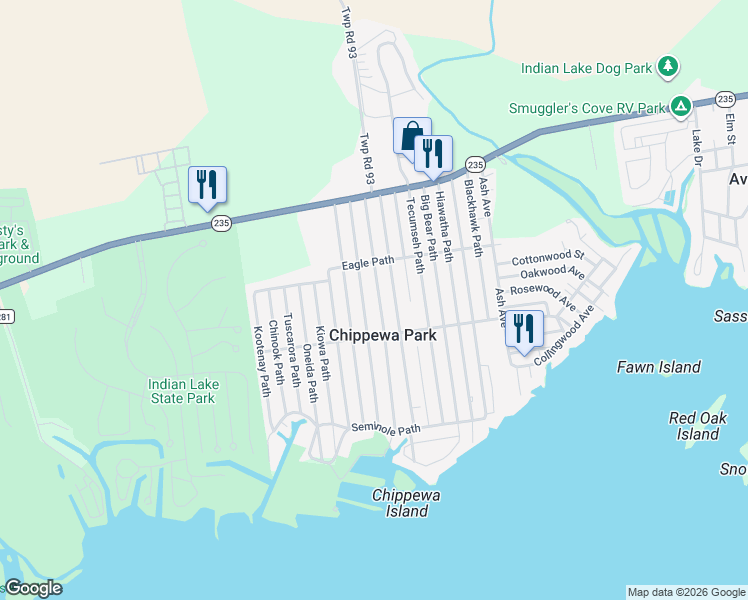 map of restaurants, bars, coffee shops, grocery stores, and more near 11331 Chickasaw Path in Lakeview