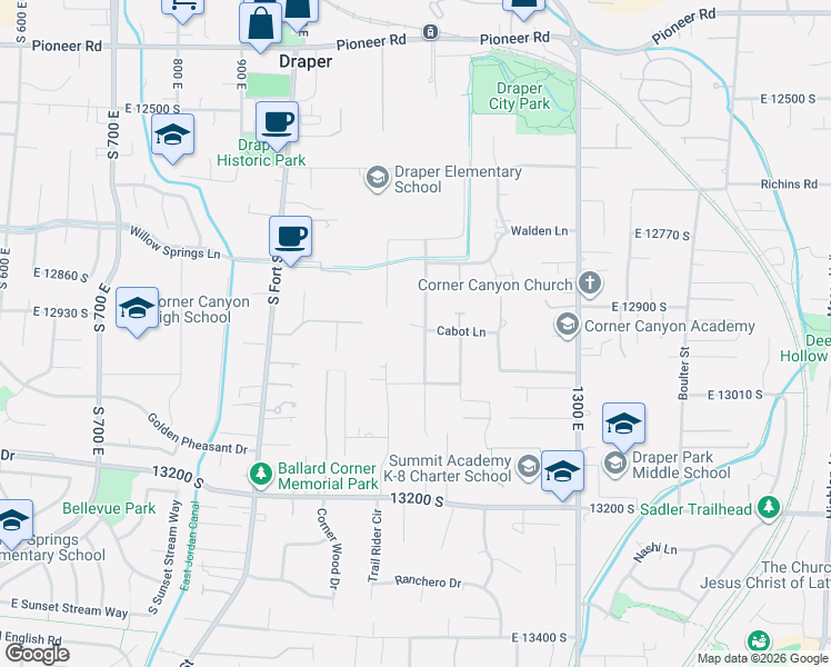 map of restaurants, bars, coffee shops, grocery stores, and more near 12962 East 1120 East in Draper