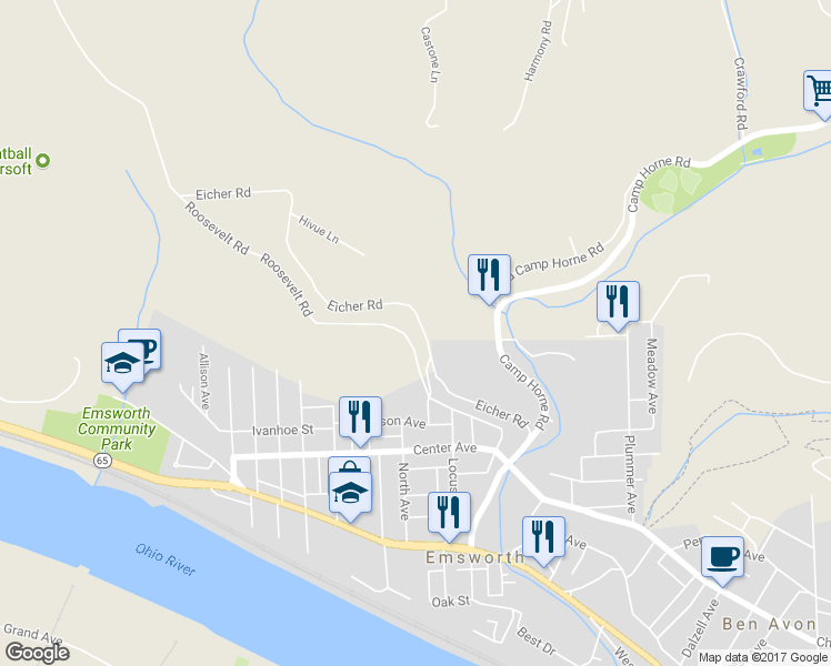 map of restaurants, bars, coffee shops, grocery stores, and more near 337 Eicher Road in Pittsburgh
