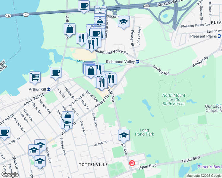 map of restaurants, bars, coffee shops, grocery stores, and more near 168 Page Avenue in Staten Island