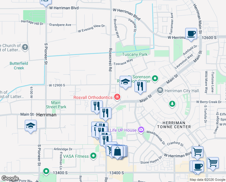 map of restaurants, bars, coffee shops, grocery stores, and more near 12957 Rokeby Lane in Herriman