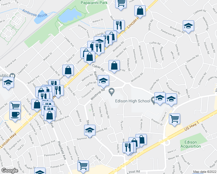 map of restaurants, bars, coffee shops, grocery stores, and more near 144 Winthrop Road in Edison