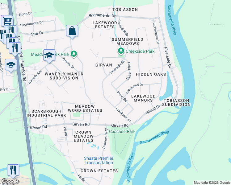 map of restaurants, bars, coffee shops, grocery stores, and more near 2888 Gunn Court in Redding