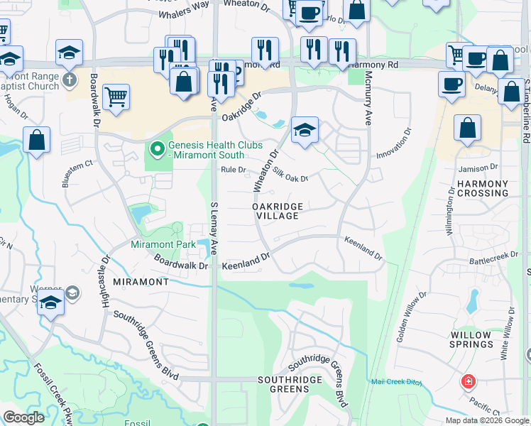 map of restaurants, bars, coffee shops, grocery stores, and more near 5125 Redbud Court in Fort Collins