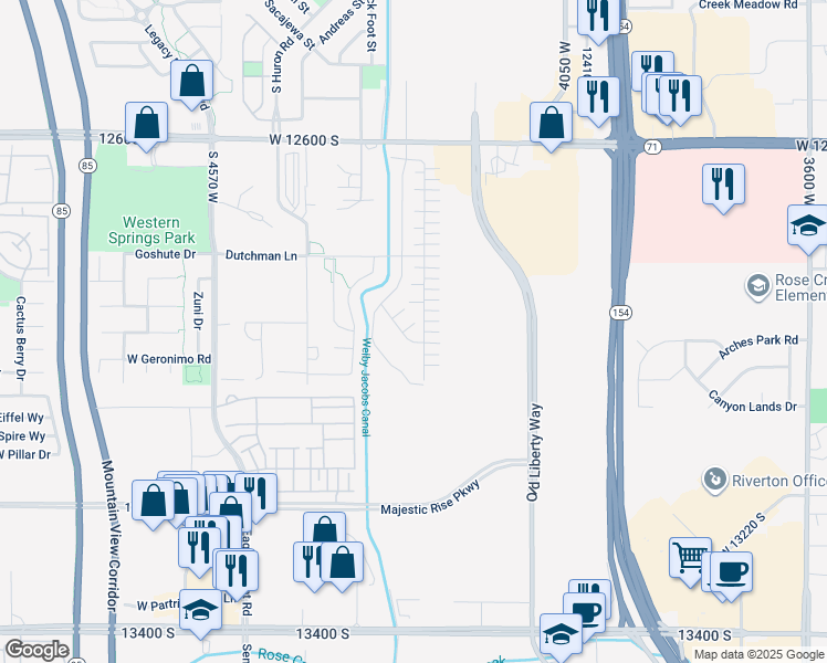 map of restaurants, bars, coffee shops, grocery stores, and more near 4219 West Millsite Park Court in Riverton