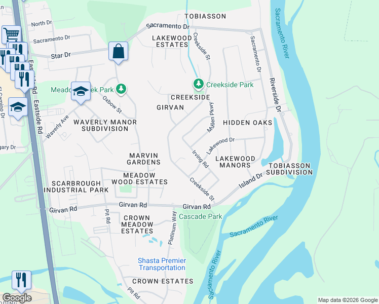 map of restaurants, bars, coffee shops, grocery stores, and more near 2888 Gunn Court in Redding