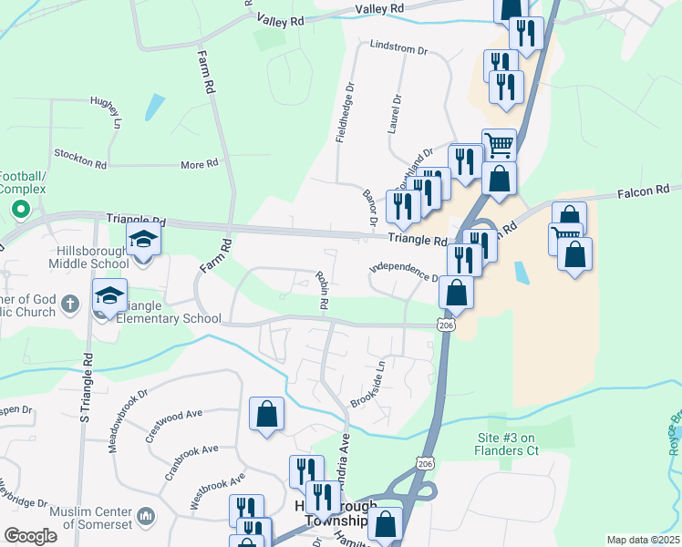 map of restaurants, bars, coffee shops, grocery stores, and more near 802 Robin Road in Somerset County