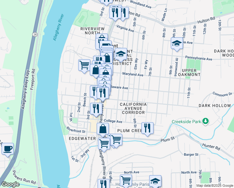 map of restaurants, bars, coffee shops, grocery stores, and more near 400 4th Street in Oakmont
