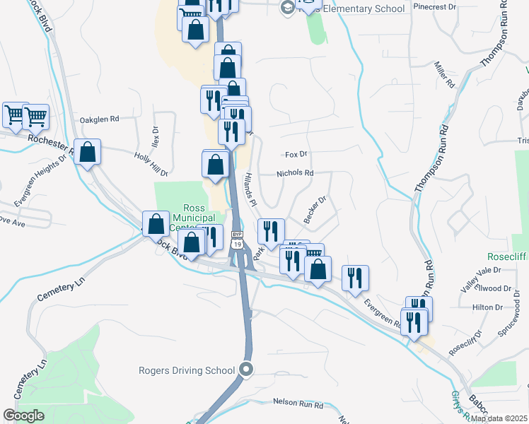 map of restaurants, bars, coffee shops, grocery stores, and more near 119 Tillotson Circle in Pittsburgh