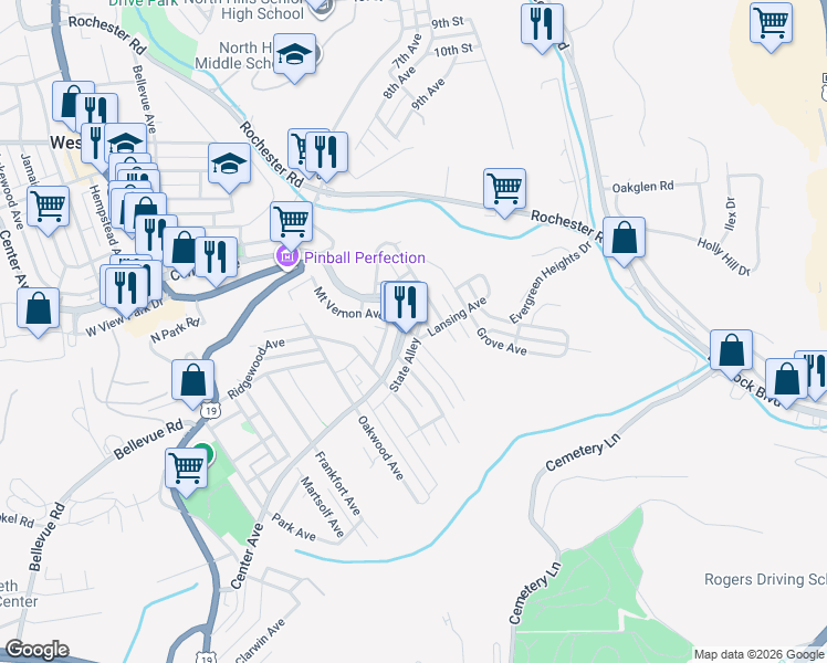 map of restaurants, bars, coffee shops, grocery stores, and more near 348 Center Avenue in West View