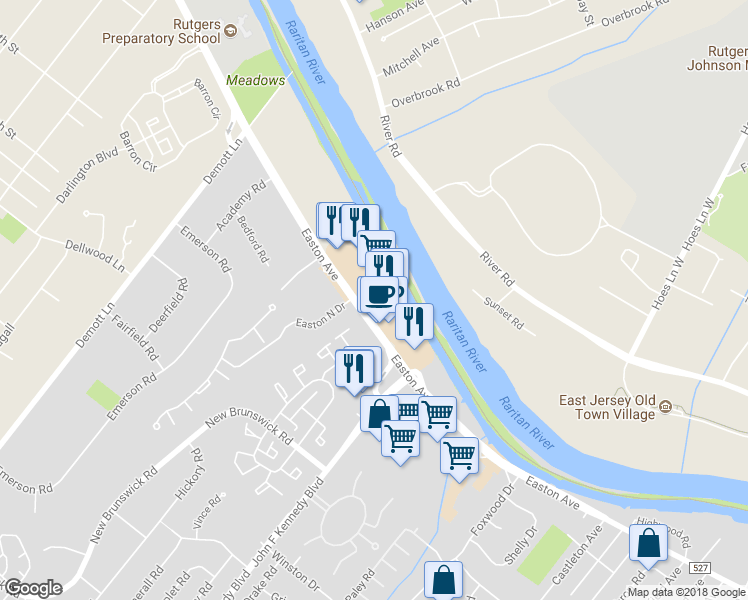 map of restaurants, bars, coffee shops, grocery stores, and more near 1099 Easton Avenue in Franklin Township