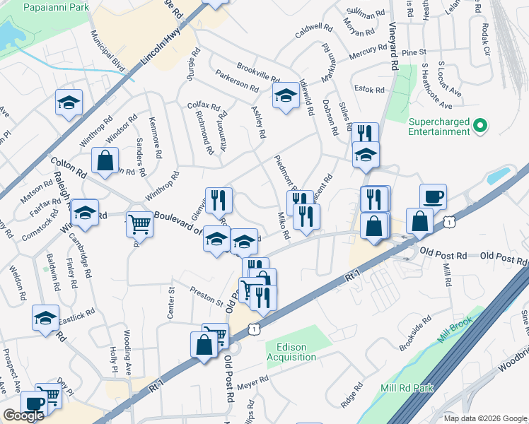 map of restaurants, bars, coffee shops, grocery stores, and more near 8 East Knollwood Road in Edison