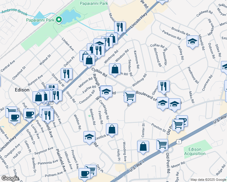 map of restaurants, bars, coffee shops, grocery stores, and more near 138 Winthrop Road in Edison