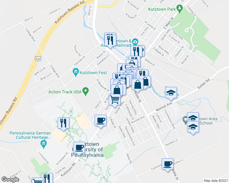 map of restaurants, bars, coffee shops, grocery stores, and more near 269 West Main Street in Kutztown