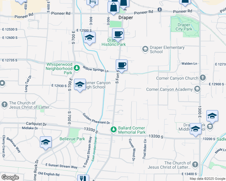 map of restaurants, bars, coffee shops, grocery stores, and more near 12930 South Fort Street in Draper