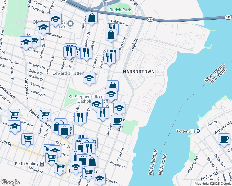 map of restaurants, bars, coffee shops, grocery stores, and more near 105 Pearl Place in Perth Amboy