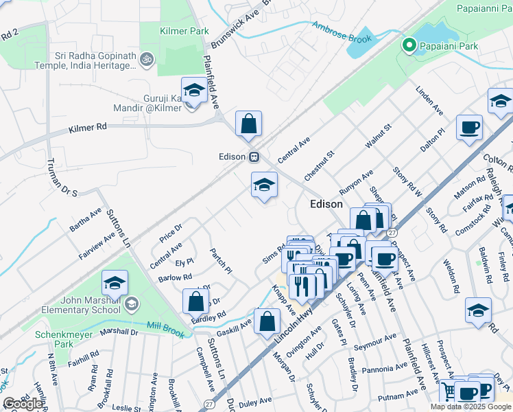 map of restaurants, bars, coffee shops, grocery stores, and more near 26 Porter Street in Edison