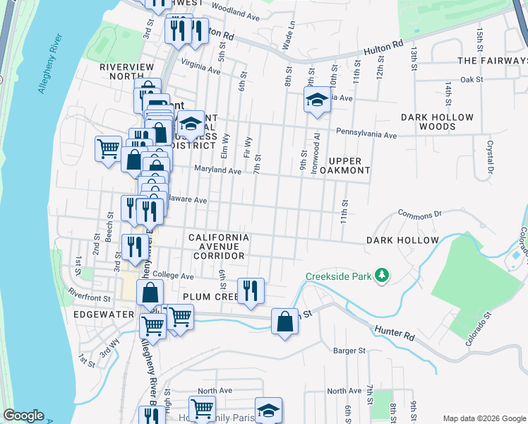 map of restaurants, bars, coffee shops, grocery stores, and more near 425 8th Street in Oakmont