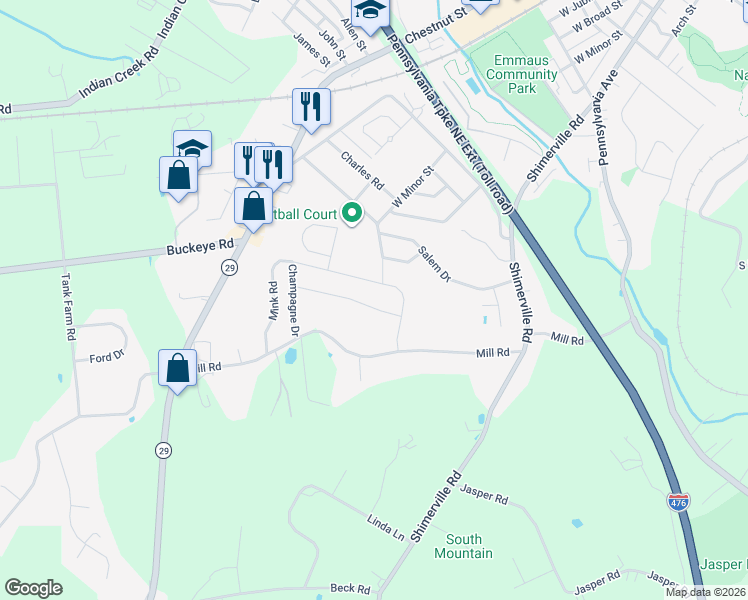 map of restaurants, bars, coffee shops, grocery stores, and more near 3917 Mink Road in Emmaus