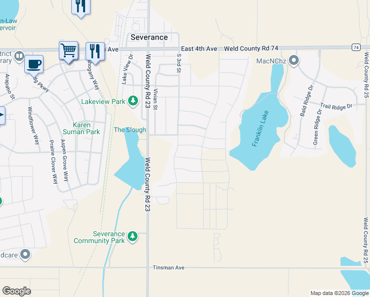 map of restaurants, bars, coffee shops, grocery stores, and more near 506 2nd Street in Severance
