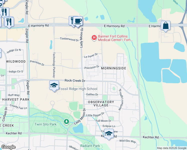 map of restaurants, bars, coffee shops, grocery stores, and more near 3739 Precision Drive in Fort Collins